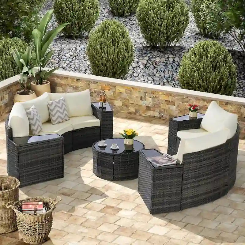 11 Pcs Patio Half-Moon Sectional Round Sofa Set, Rattan Conversation Set with Pillows, Outdoor Furniture Set with Table