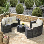 11 Pcs Patio Half-Moon Sectional Round Sofa Set, Rattan Conversation Set with Pillows, Outdoor Furniture Set with Table