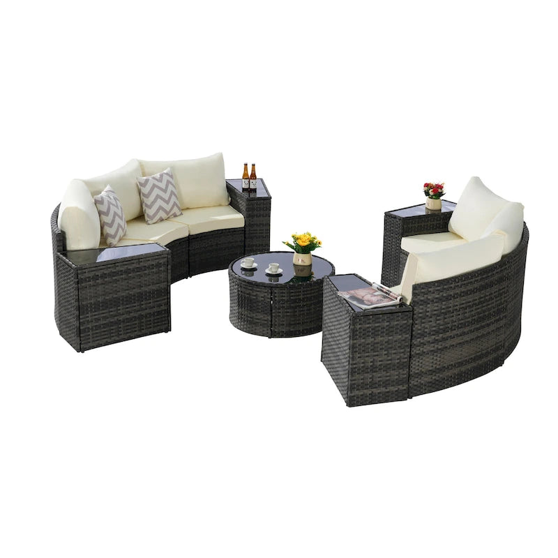 11 Pcs Patio Half-Moon Sectional Round Sofa Set, Rattan Conversation Set with Pillows, Outdoor Furniture Set with Table