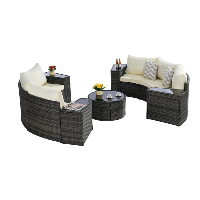 11 Pcs Patio Half-Moon Sectional Round Sofa Set, Rattan Conversation Set with Pillows, Outdoor Furniture Set with Table