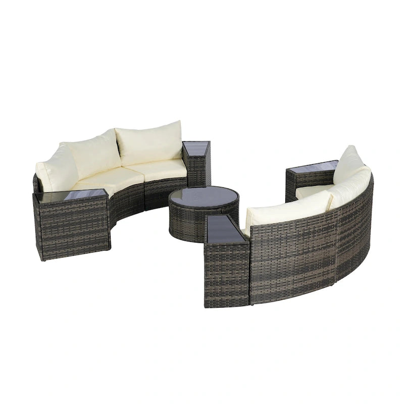 11 Pcs Patio Half-Moon Sectional Round Sofa Set, Rattan Conversation Set with Pillows, Outdoor Furniture Set with Table