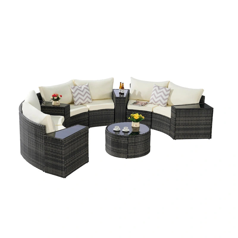 11 Pcs Patio Half-Moon Sectional Round Sofa Set, Rattan Conversation Set with Pillows, Outdoor Furniture Set with Table