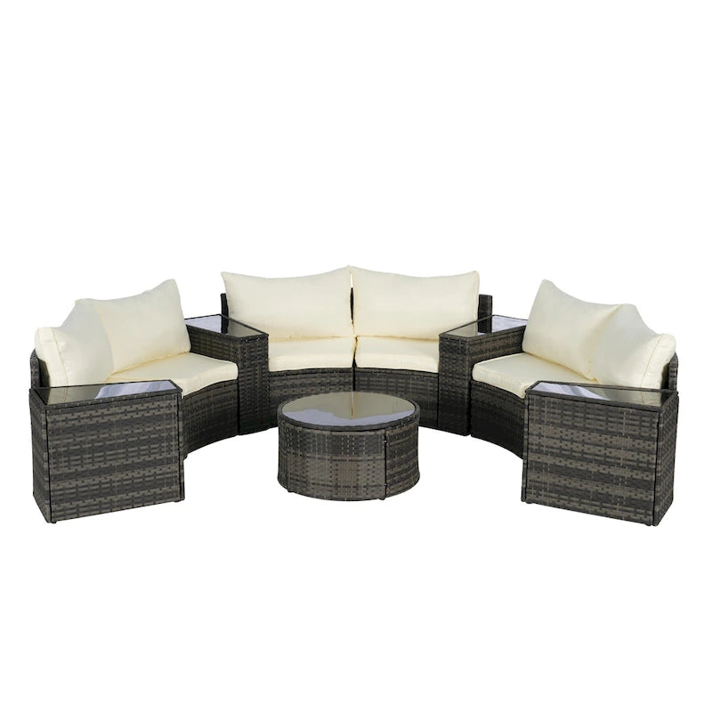 11 Pcs Patio Half-Moon Sectional Round Sofa Set, Rattan Conversation Set with Pillows, Outdoor Furniture Set with Table