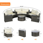 11 Pcs Patio Half-Moon Sectional Round Sofa Set, Rattan Conversation Set with Pillows, Outdoor Furniture Set with Table