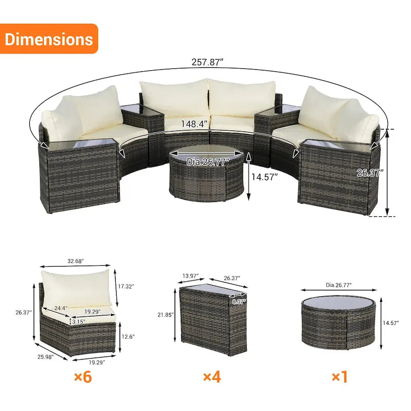 11 Pcs Patio Half-Moon Sectional Round Sofa Set, Rattan Conversation Set with Pillows, Outdoor Furniture Set with Table