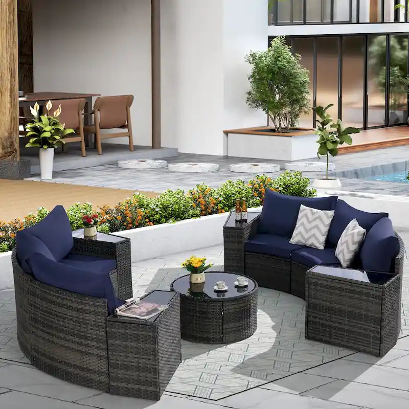 11 Pcs Patio Half-Moon Sectional Round Sofa Set, Rattan Conversation Set with Pillows, Outdoor Furniture Set with Table