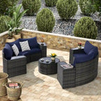 11 Pcs Patio Half-Moon Sectional Round Sofa Set, Rattan Conversation Set with Pillows, Outdoor Furniture Set with Table