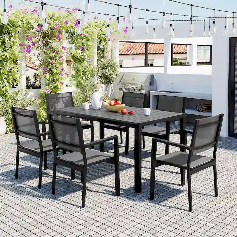 7 Pcs Outdoor Steel Dining Table and Chair Set, All Weather Patio Furniture Set with Rectangular Table and 6 Dining Chair