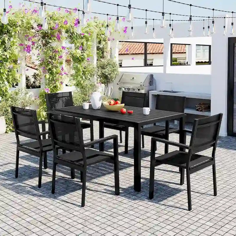 7 Pcs Outdoor Steel Dining Table and Chair Set, All Weather Patio Furniture Set with Rectangular Table and 6 Dining Chair