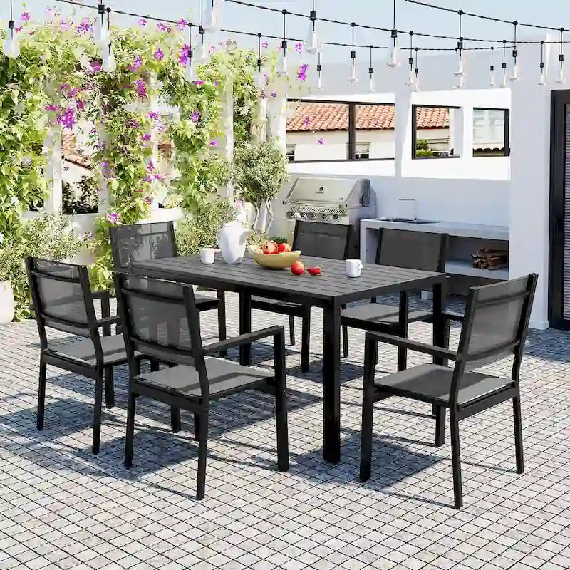 7 Pcs Outdoor Steel Dining Table and Chair Set, All Weather Patio Furniture Set with Rectangular Table and 6 Dining Chair