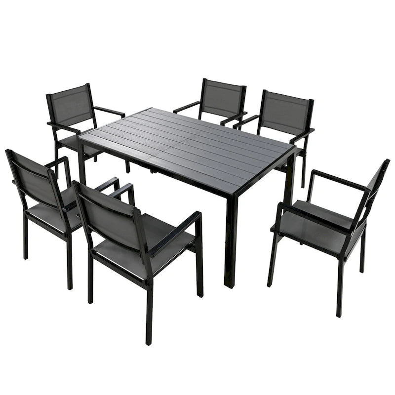 7 Pcs Outdoor Steel Dining Table and Chair Set, All Weather Patio Furniture Set with Rectangular Table and 6 Dining Chair
