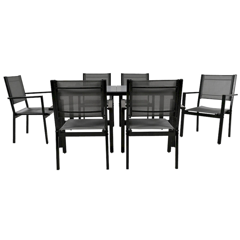 7 Pcs Outdoor Steel Dining Table and Chair Set, All Weather Patio Furniture Set with Rectangular Table and 6 Dining Chair