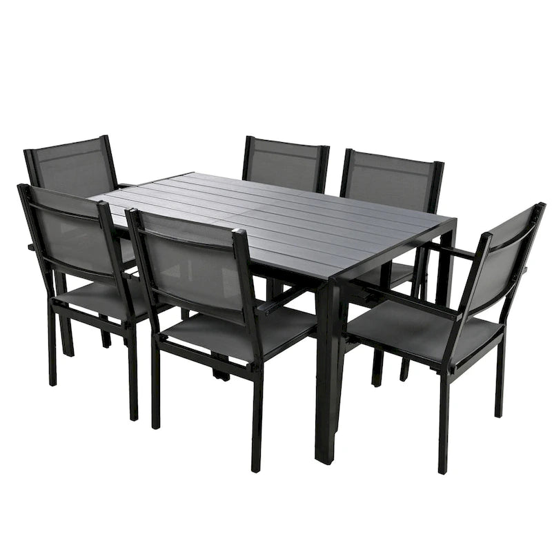 7 Pcs Outdoor Steel Dining Table and Chair Set, All Weather Patio Furniture Set with Rectangular Table and 6 Dining Chair