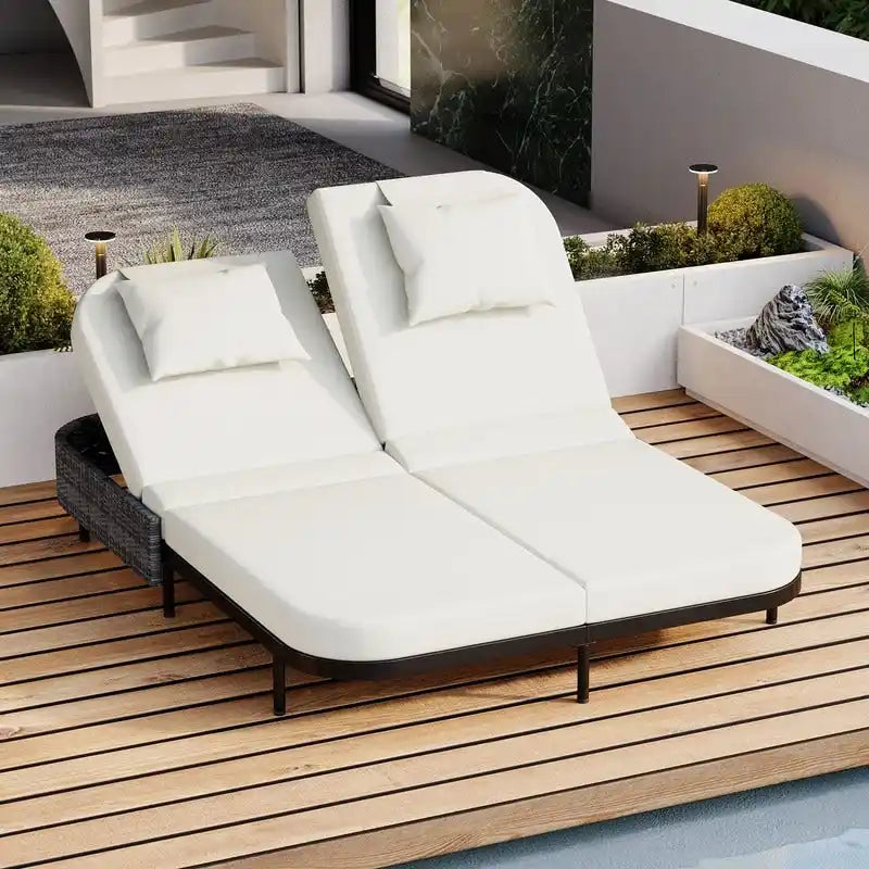 Patio Rattan Double Chaise Lounge Daybed with 5-Position Adjustable Backrest & Iron Frame