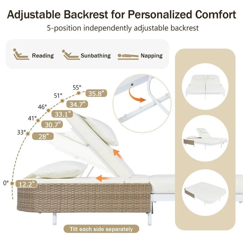 Patio Rattan Double Chaise Lounge Daybed with 5-Position Adjustable Backrest & Iron Frame
