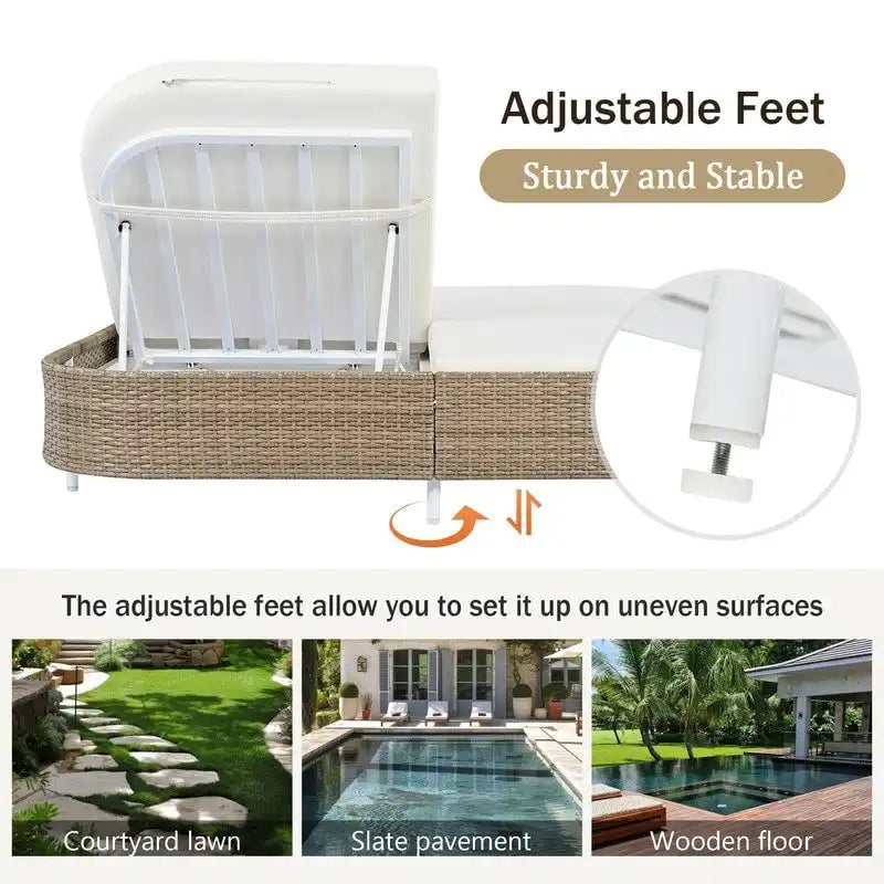 Patio Rattan Double Chaise Lounge Daybed with 5-Position Adjustable Backrest & Iron Frame