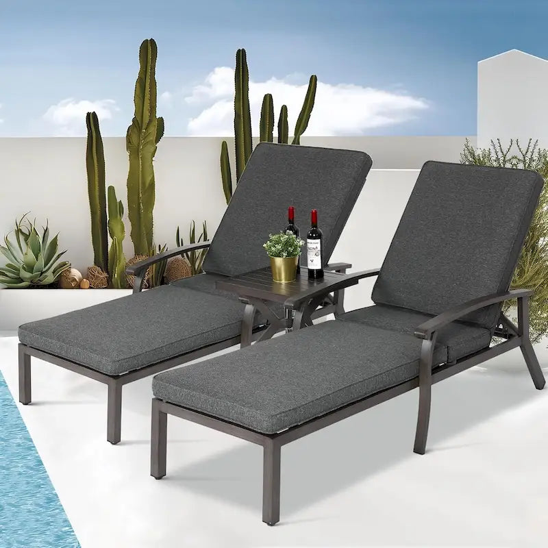 3-Piece Outdoor Aluminum Reclining Chaise Lounge (set of 2)with Table and Cushions