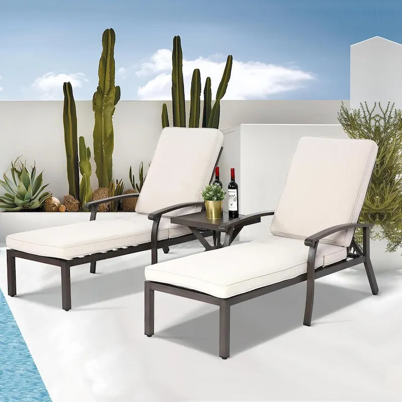 3-Piece Outdoor Aluminum Reclining Chaise Lounge (set of 2)with Table and Cushions