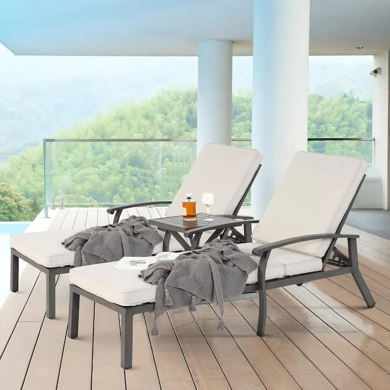 3-Piece Outdoor Aluminum Reclining Chaise Lounge (set of 2)with Table and Cushions