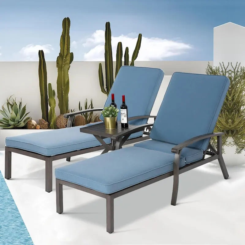 3-Piece Outdoor Aluminum Reclining Chaise Lounge (set of 2)with Table and Cushions