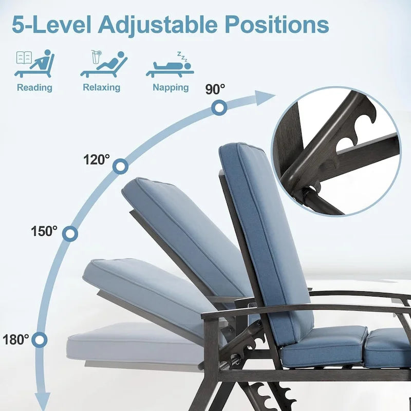 3-Piece Outdoor Aluminum Reclining Chaise Lounge (set of 2)with Table and Cushions