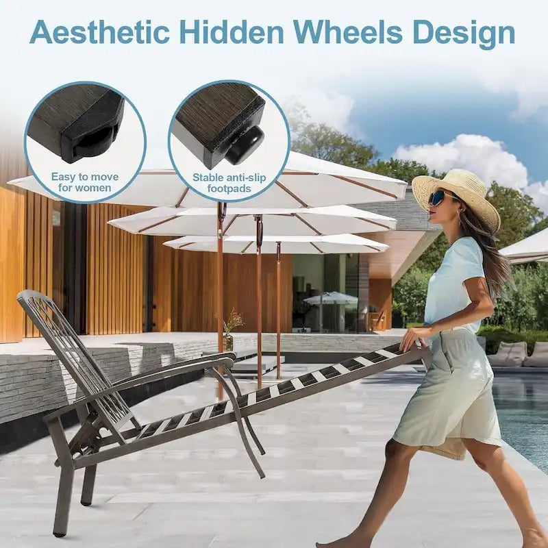 3-Piece Outdoor Aluminum Reclining Chaise Lounge (set of 2)with Table and Cushions