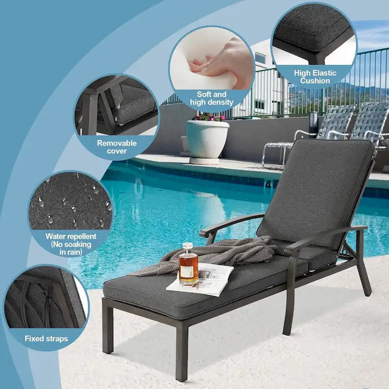 3-Piece Outdoor Aluminum Reclining Chaise Lounge (set of 2)with Table and Cushions