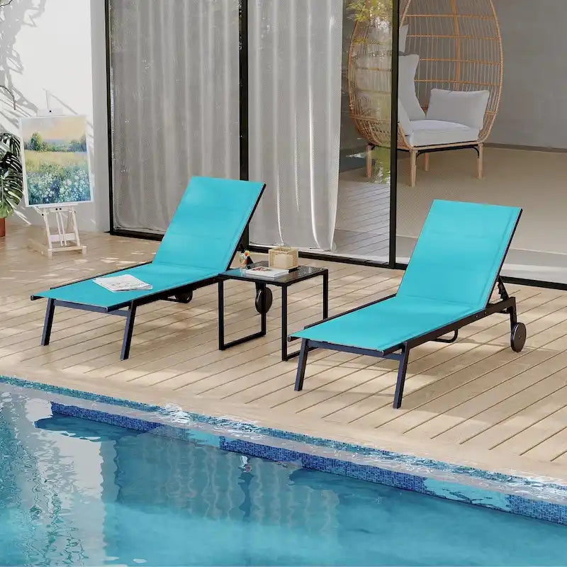 3-Piece Patio Lounge Chairs with Wheels,Patio Chaise Lounge Chairs With Side Table