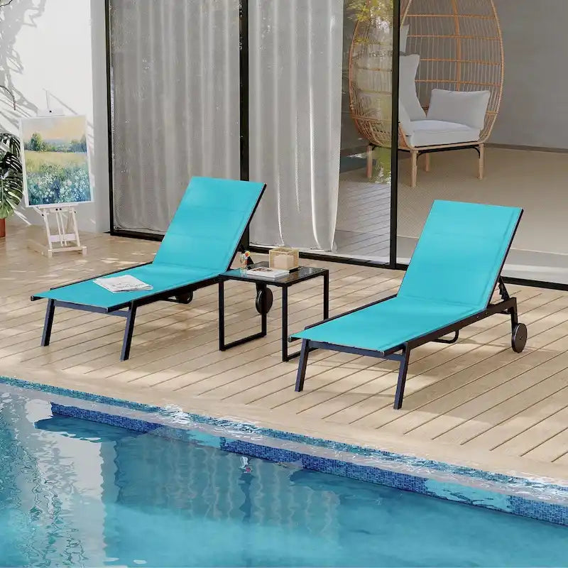 3-Piece Patio Lounge Chairs with Wheels,Patio Chaise Lounge Chairs With Side Table