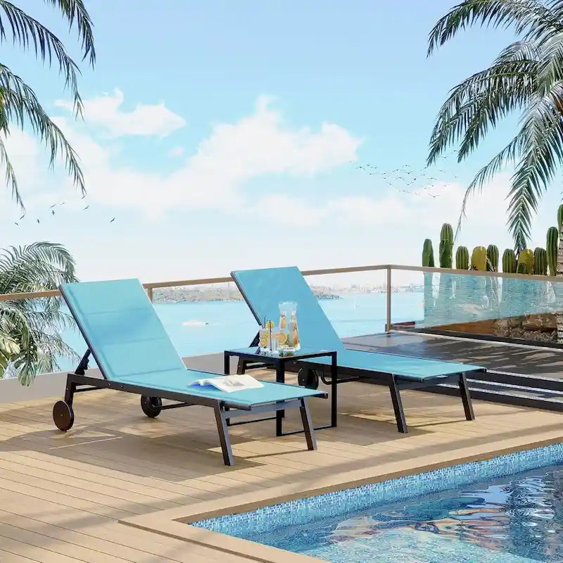 3-Piece Patio Lounge Chairs with Wheels,Patio Chaise Lounge Chairs With Side Table