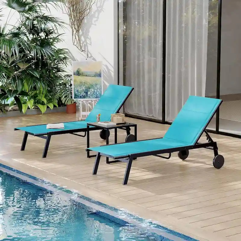 3-Piece Patio Lounge Chairs with Wheels,Patio Chaise Lounge Chairs With Side Table