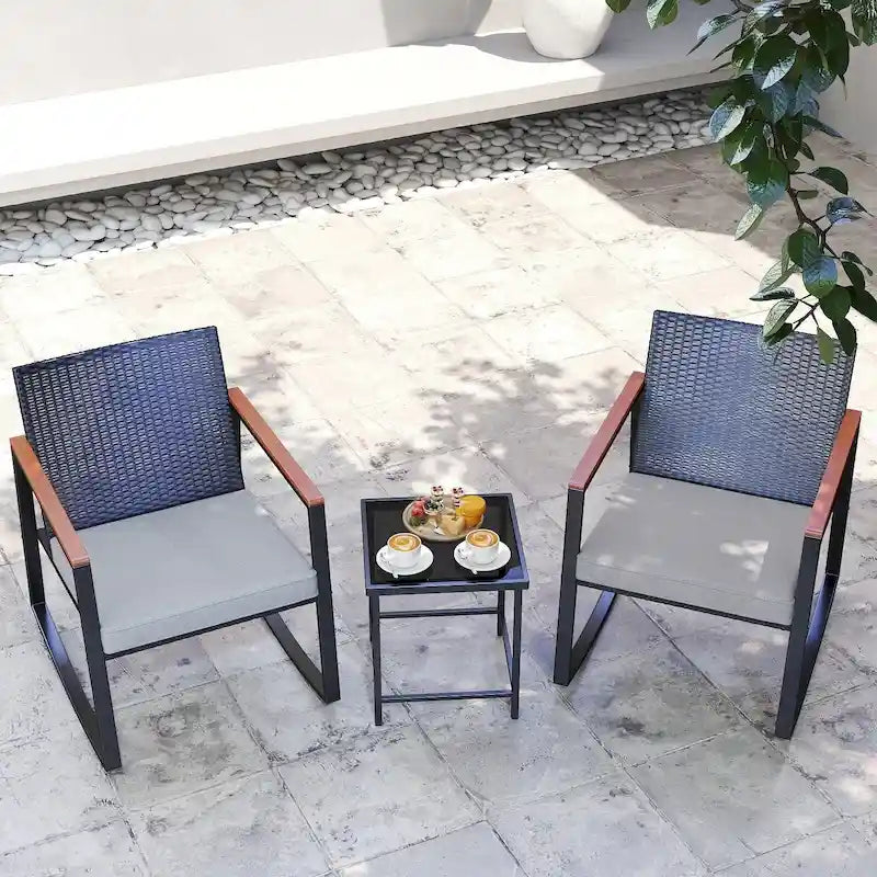 3 Pieces Rocking Patio Bistro Set with Anti-Scald Armrest, Outdoor Patio Wicker Furniture Set with Glass Table and Cushion
