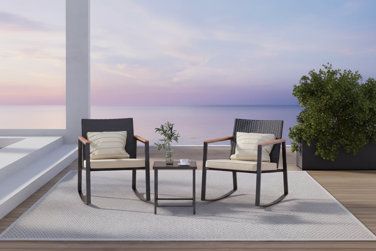 3 Pieces Rocking Patio Bistro Set with Anti-Scald Armrest, Outdoor Patio Wicker Furniture Set with Glass Table and Cushion