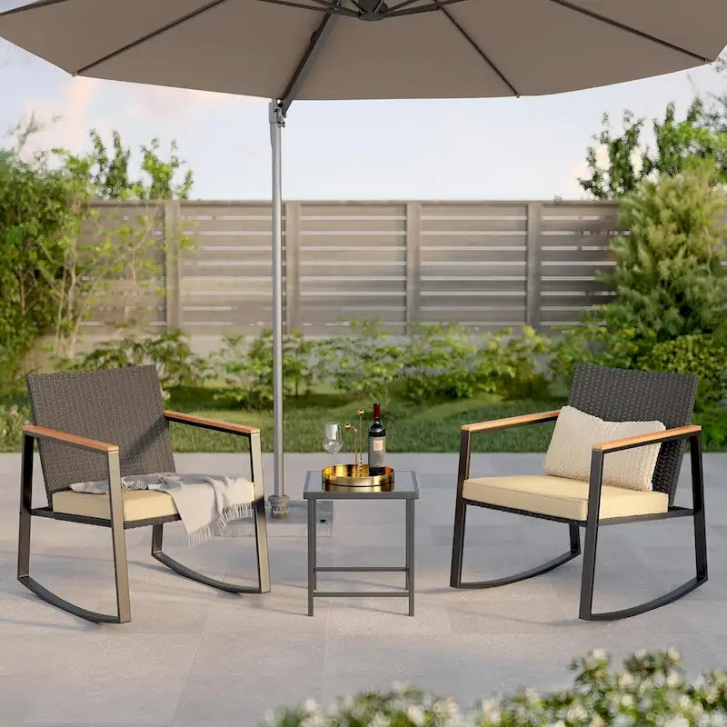 3 Pieces Rocking Patio Bistro Set with Anti-Scald Armrest, Outdoor Patio Wicker Furniture Set with Glass Table and Cushion