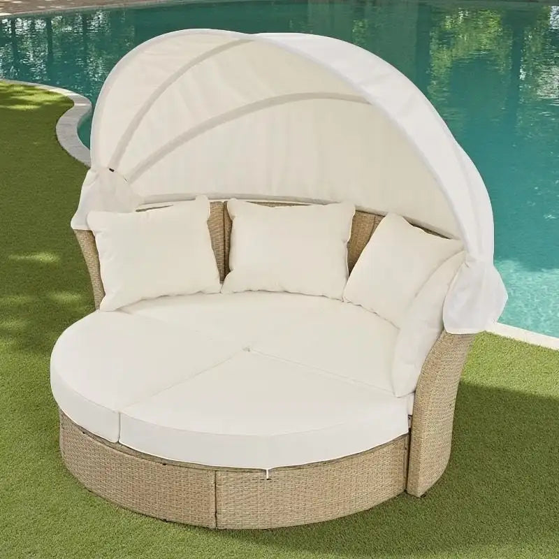 57  Outdoor Patio PE Rattan Round Daybed Sunbed with Retractable Canopy and 4 Pillows