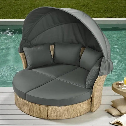 57  Outdoor Patio PE Rattan Round Daybed Sunbed with Retractable Canopy and 4 Pillows