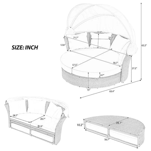 57  Outdoor Patio PE Rattan Round Daybed Sunbed with Retractable Canopy and 4 Pillows