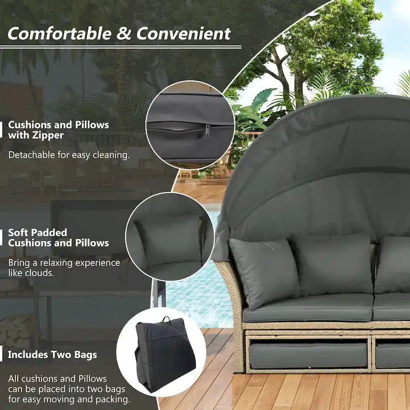 57  Outdoor Patio PE Rattan Round Daybed Sunbed with Retractable Canopy and 4 Pillows