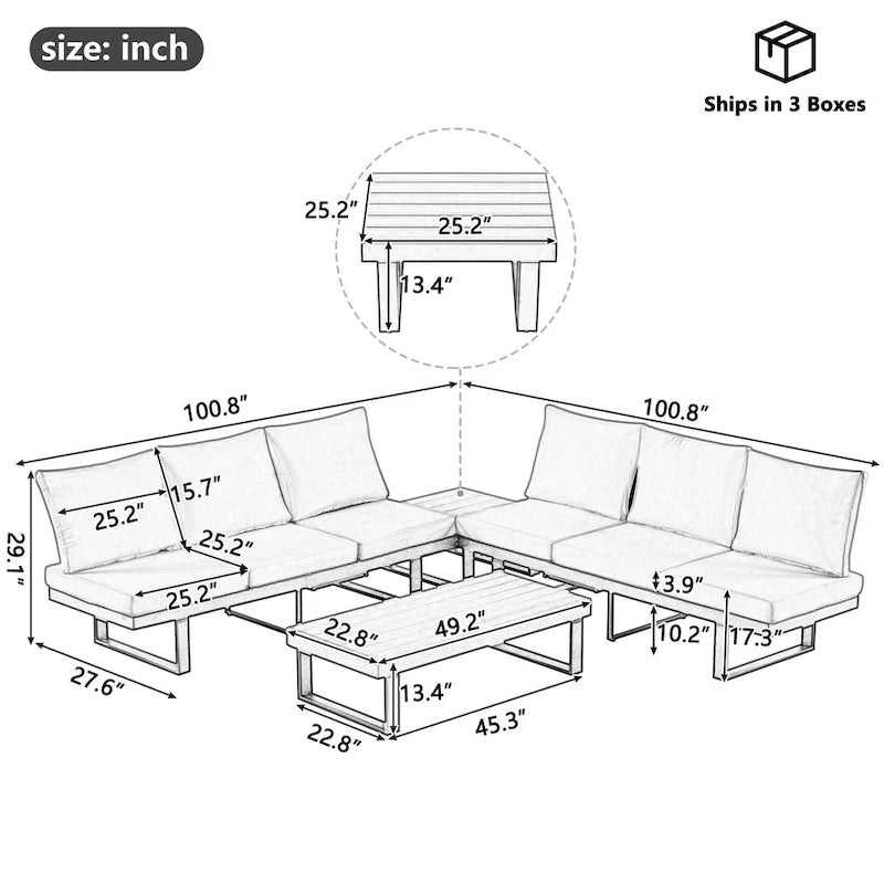 Outdoor Modular Sofa Set with Coffee Table, Side Table & Reclining Seats