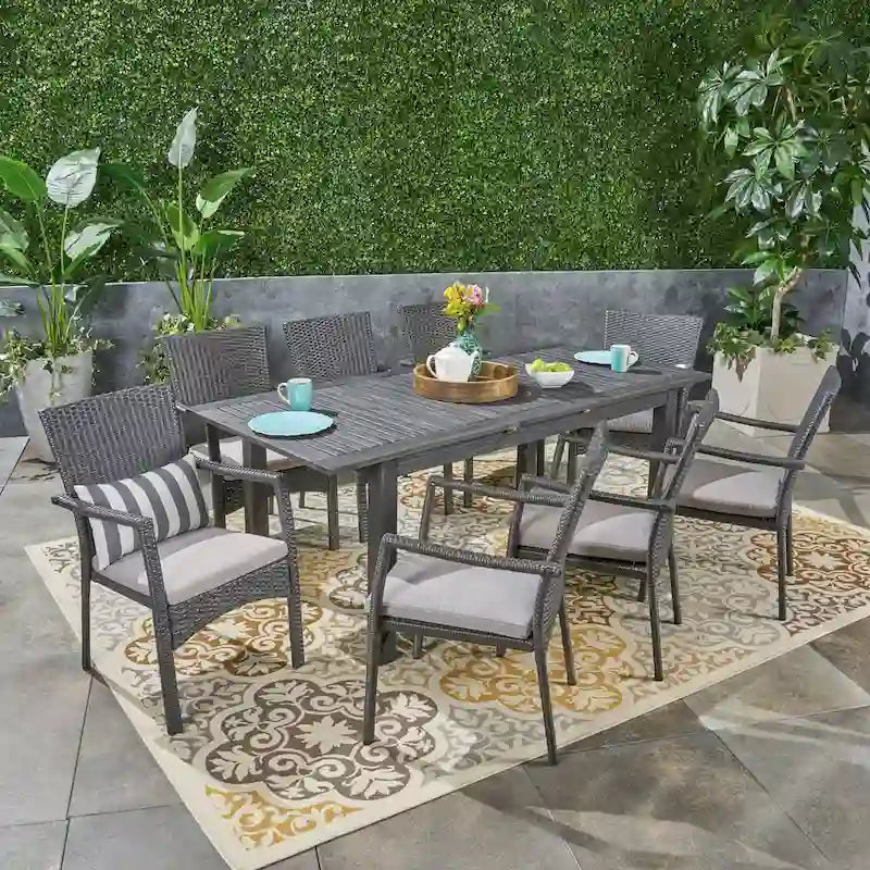 Davenport Outdoor 9 Piece Wood and Wicker Expandable Dining Set by Christopher Knight Home