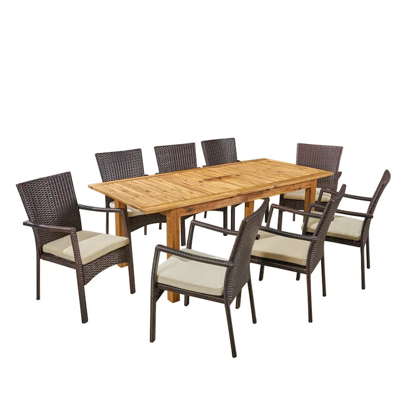 Davenport Outdoor 9 Piece Wood and Wicker Expandable Dining Set by Christopher Knight Home