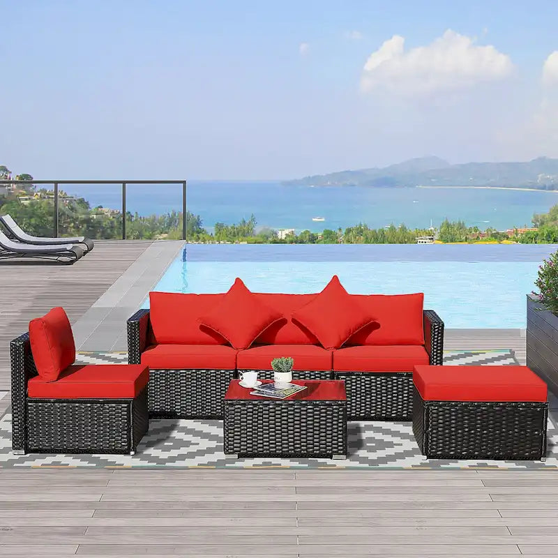 Outsunny 6-Piece Outdoor Patio Rattan Wicker Furniture Set with Comfortable Cotton Cushions, Removable Slip Covers