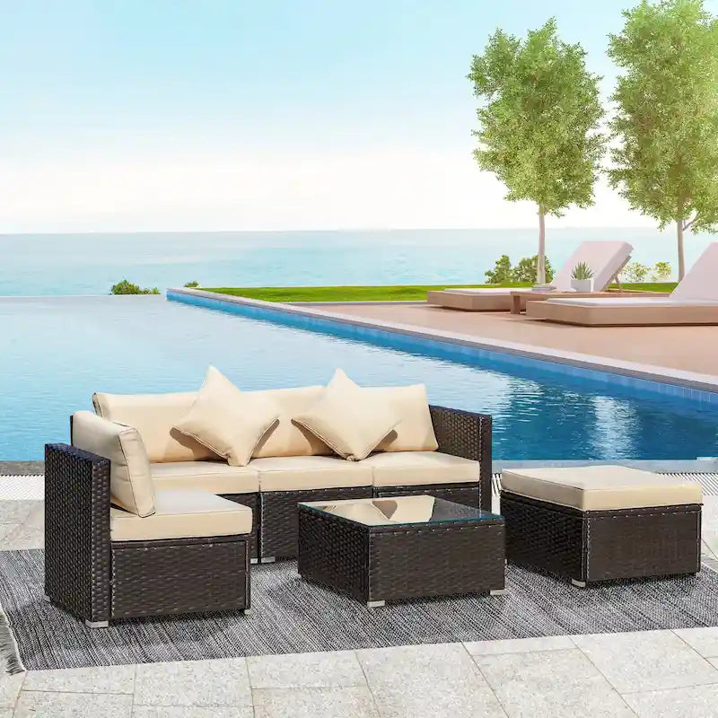 Outsunny 6-Piece Outdoor Patio Rattan Wicker Furniture Set with Comfortable Cotton Cushions, Removable Slip Covers