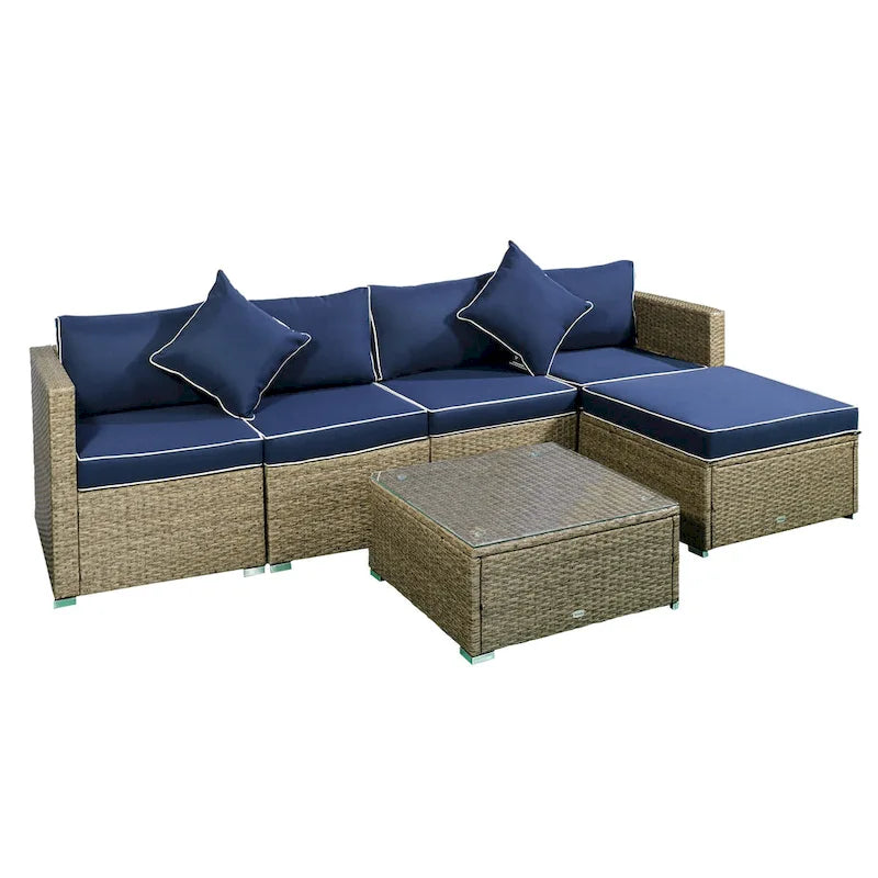 Outsunny 6-Piece Outdoor Patio Rattan Wicker Furniture Set with Comfortable Cotton Cushions, Removable Slip Covers
