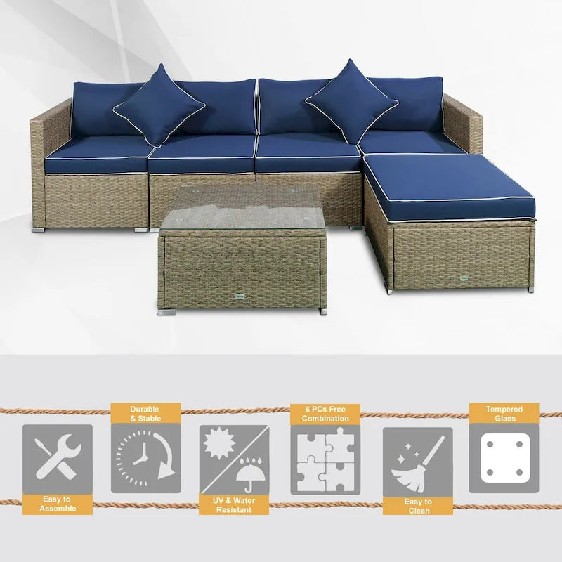 Outsunny 6-Piece Outdoor Patio Rattan Wicker Furniture Set with Comfortable Cotton Cushions, Removable Slip Covers