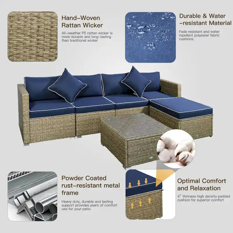 Outsunny 6-Piece Outdoor Patio Rattan Wicker Furniture Set with Comfortable Cotton Cushions, Removable Slip Covers