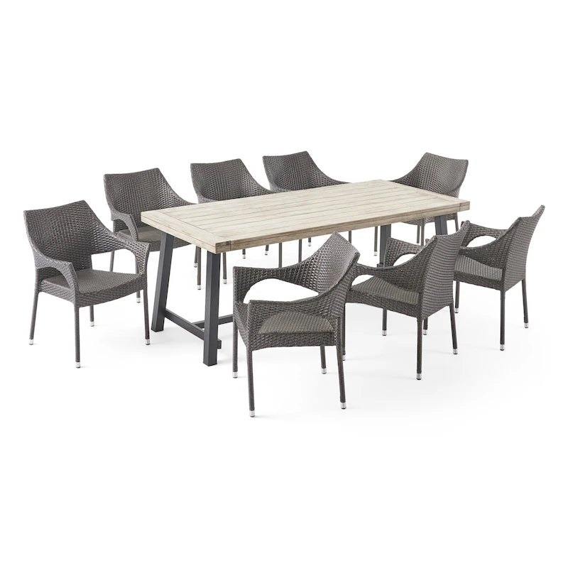 Espanola Outdoor 8 Seater Wood and Wicker Dining Set by Christopher Knight Home