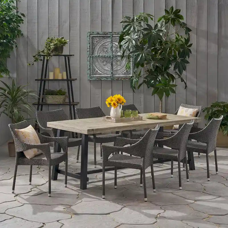 Espanola Outdoor 8 Seater Wood and Wicker Dining Set by Christopher Knight Home