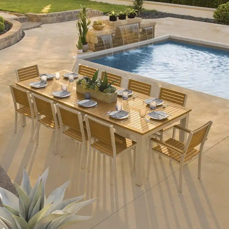 Oxford Garden Travira 11-piece 103-in x 42-in Tekwood Natural Table & Slat Chair Dining Set