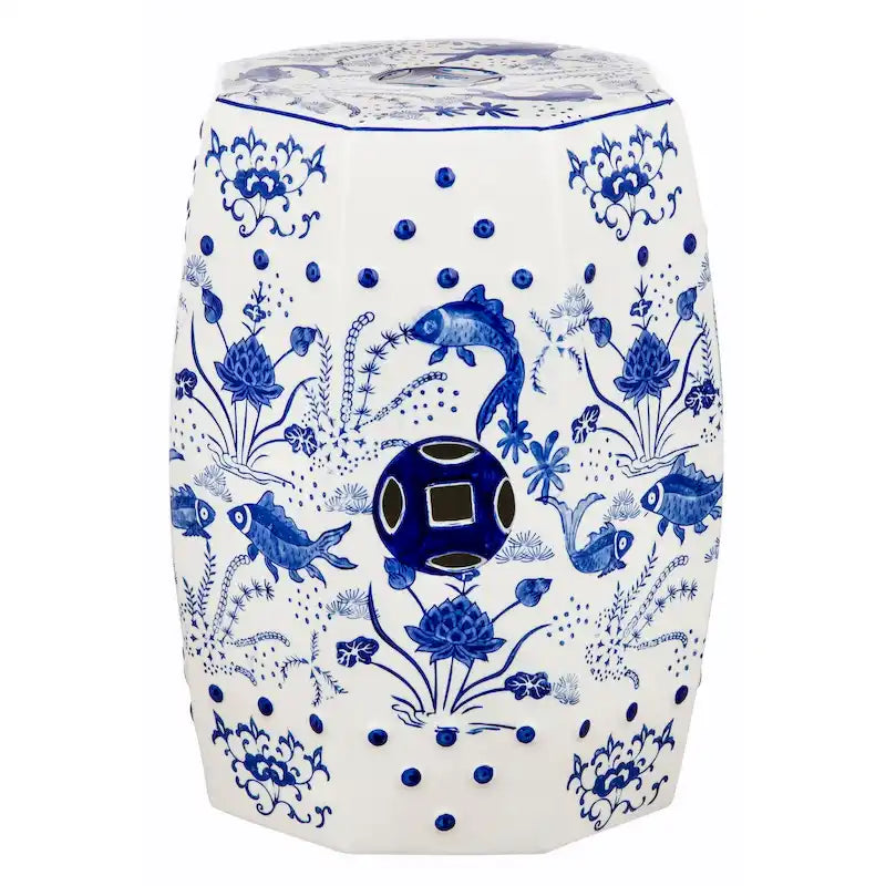 SAFAVIEH Manushe 9 Chinoiserie Blue Koi Ceramic Decorative Garden Stool